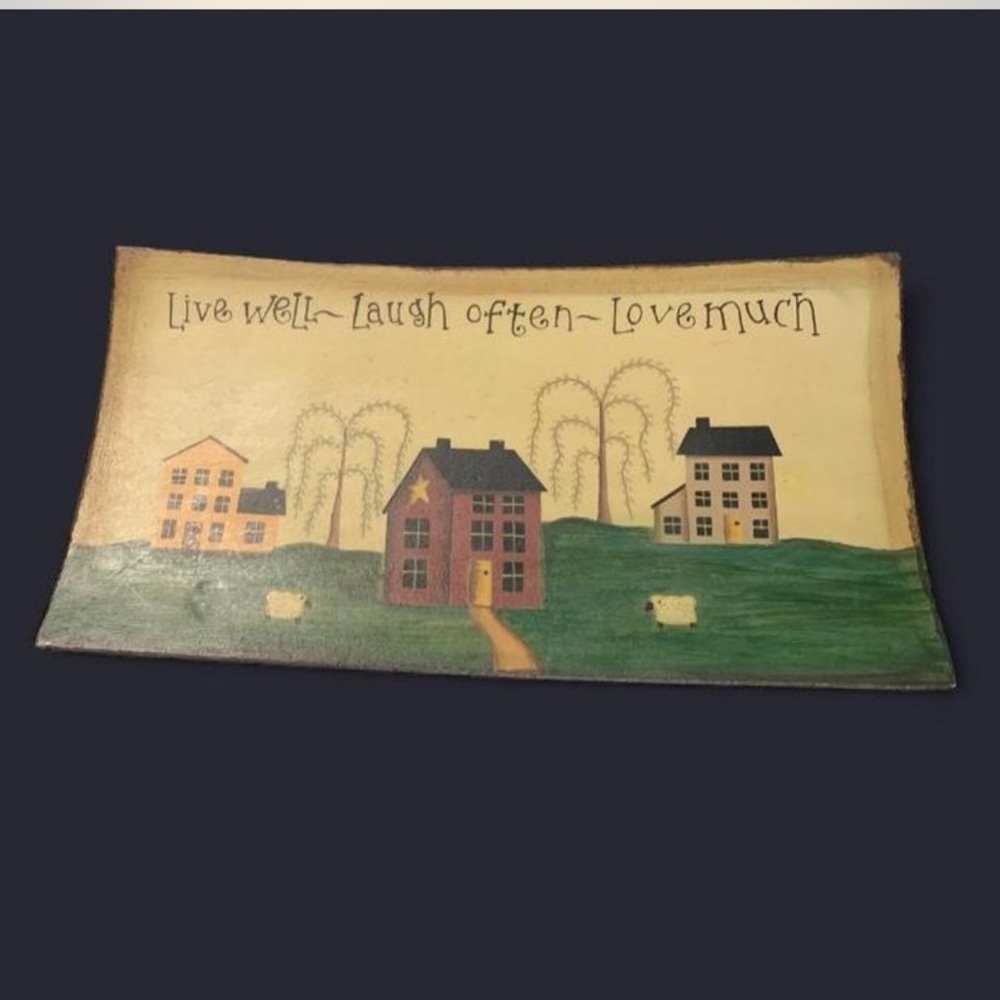 Vintage Primitive Decorative Plaque with Saltbox scene. Cute little sheep